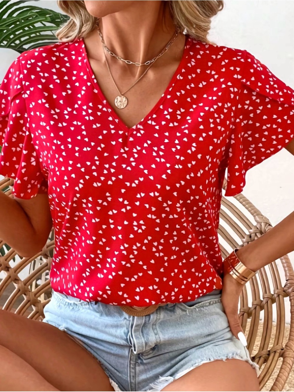 Red Heart-Print V-Neck Women's Top #0218